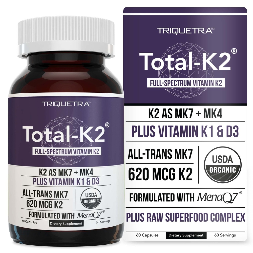 Total K2 ® 124; Vitamin K2 sebagai MK7 & MK4 124; Plus K1 & Vitamin D3 Cofactor - 620 mcg K2 per Serving - All- Trans MK7 dari MenaQ7 .-Full-Spectrum Vitamin K - Vegan, Sertifikasi (60 Kasules)