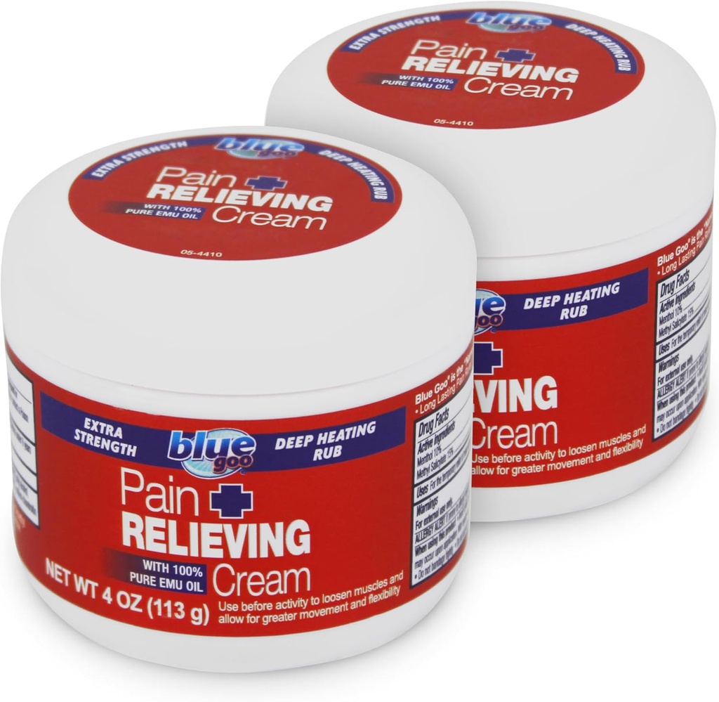 Blue Goo Maximum Power Relieving Cream - Deep Heating Rub for Back / Neck, Sports Muscle / Joint, Spours, Bursitis, Strains - 2 Packs of 4 oz, Dibuat dengan 100% Pure Emu Oil