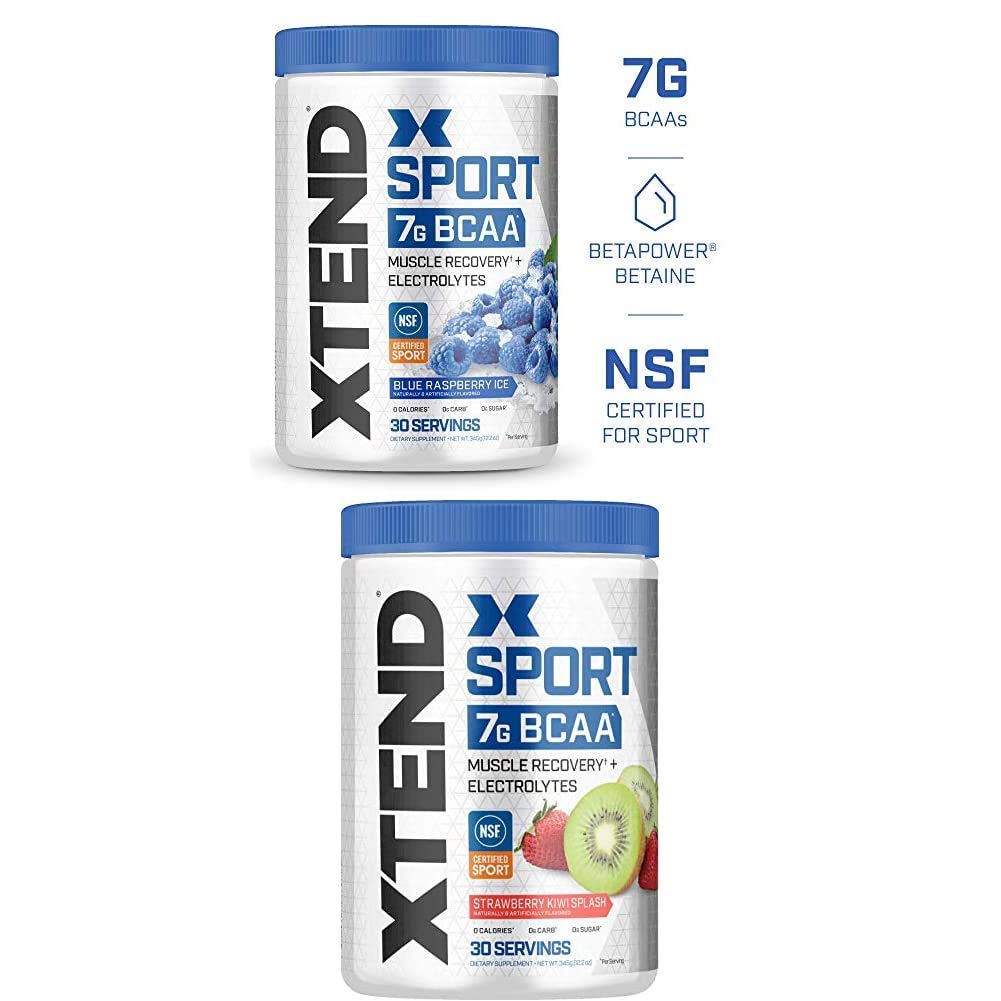 Scivation Xtend Hydrasport BCAA Powder, Branched Chain Acids, BCAAs, Zero Sugar Electrolite Drink Powder + Hydration, Blue Raspberry & Strawberry Kiwi, 30 Serving Twin Pack