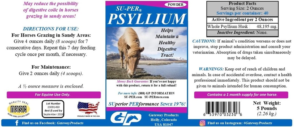 Su- PER Psyllium Horse Distraffic Suplement - Menjaga Tract Digetial Sehat di Kuda - Mendukung Removal Pasir & Dirt dari Trakte Intestinal - 5 Pound, (2 Pack)
