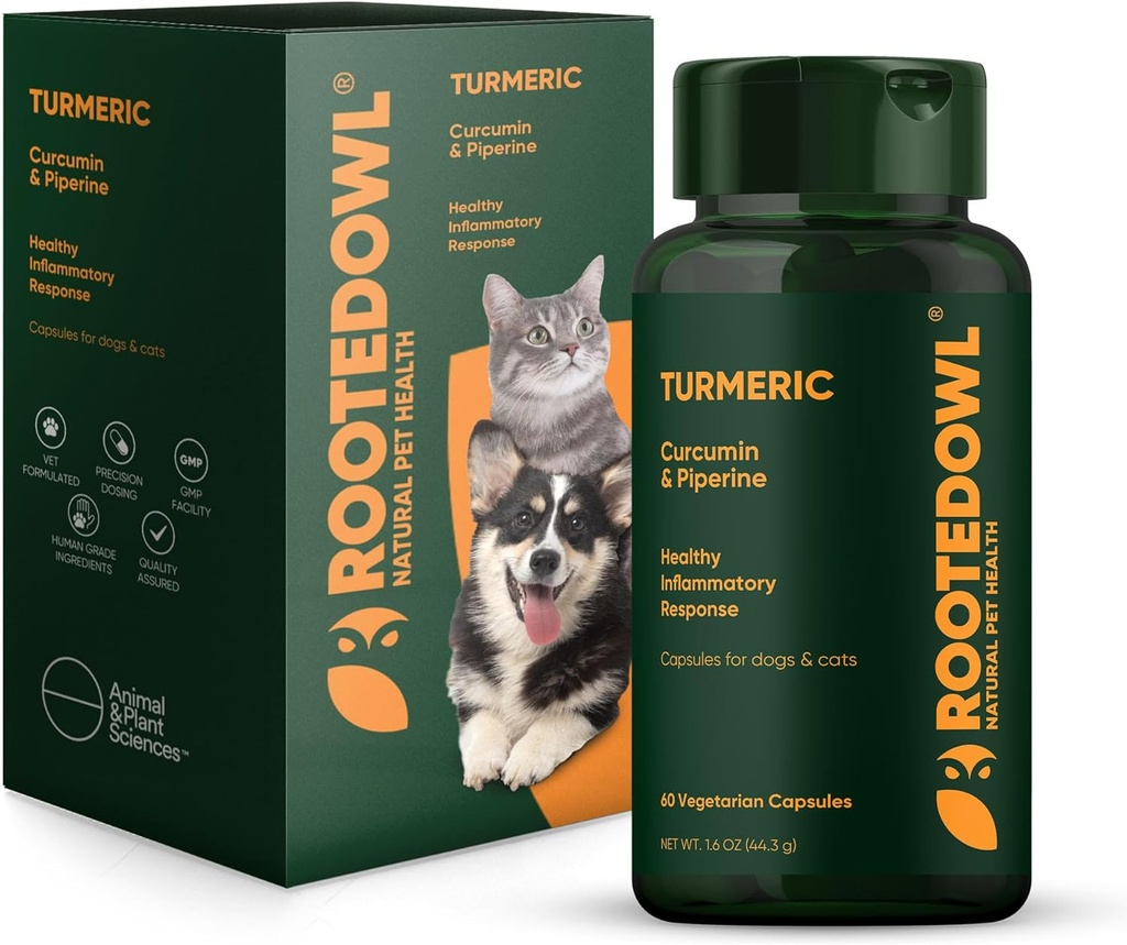 Rooted Owl Turmeric - Turmeric Suplemen untuk Anjing dan Kucing - dengan Curcumin, Piperine dan Vitamin C untuk Relief Inflamasi - 60 / ct