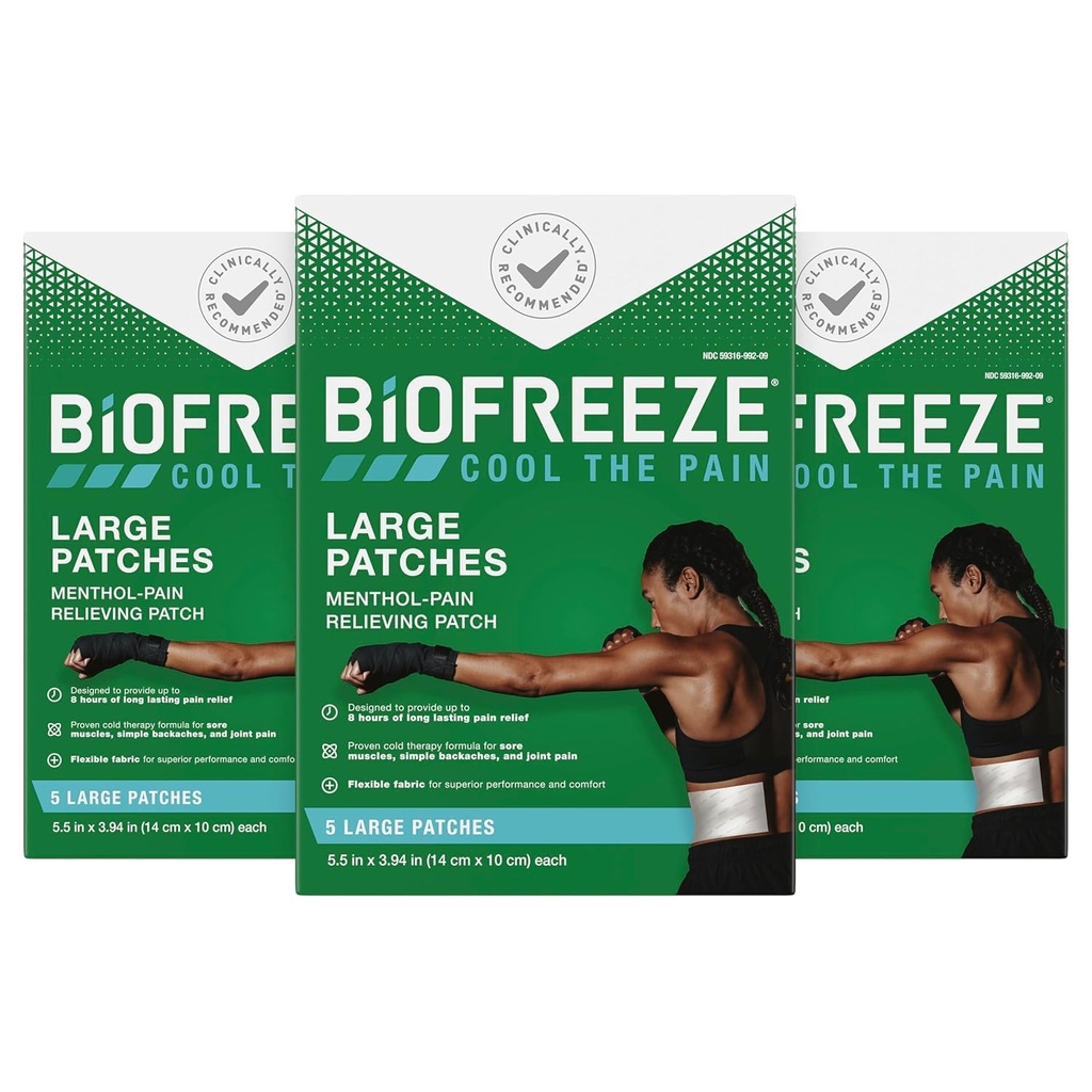 Biofreeze Pain Relief Patches, Arthritis Pain Reliver, Knee & Lower Back Relief Patch, Sore Muscle Relief, Neck Pain Relief, FSA Elignable, 3 Pack (5 Biofreeaze Menthol Patch)