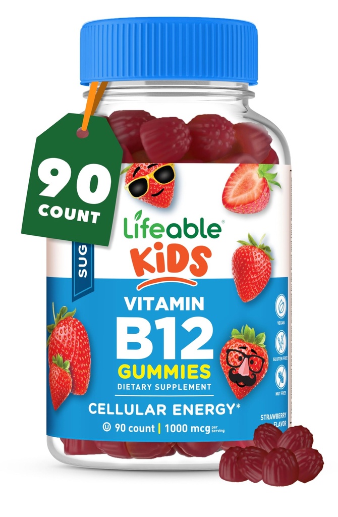 Lifeable Sugar Free Kids Vitamin B12 Gummies: 124; 1000 mcg 124; Tasting B12 Vitamin untuk Anak-anak; Energi, Mood, dan Metabolisme Mendukung 124; B 12 Vitamin Gummi untuk Laki-laki dan Perempuan 124; 90 Gummi
