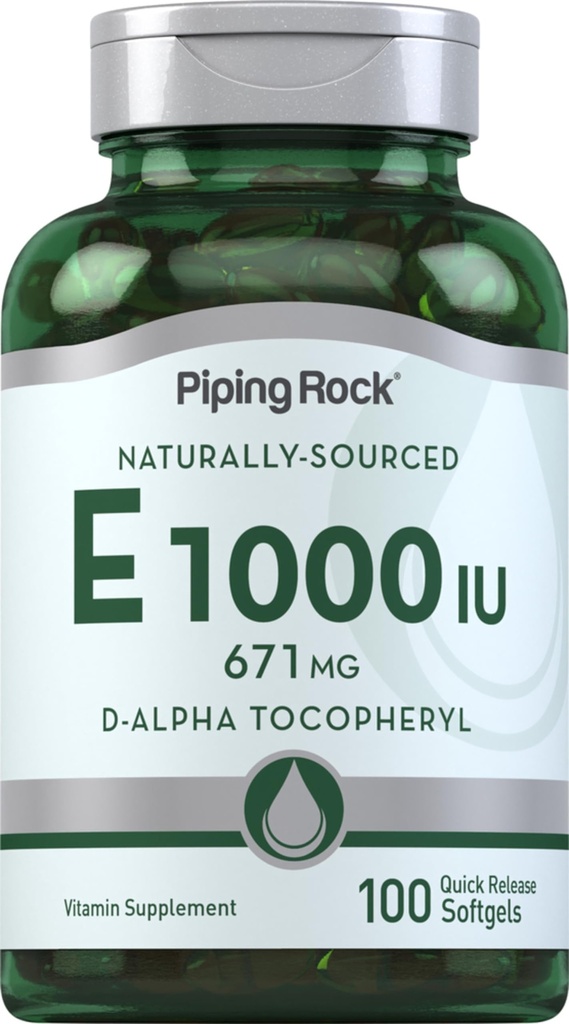 Piping Rock Vitamin E 1000 IU Softgel Capsules 124; 671mg 124; 100 Pistls 124; D-Alpha Tocopheryl Suplement: 124; Non-GMO, Gluten Free