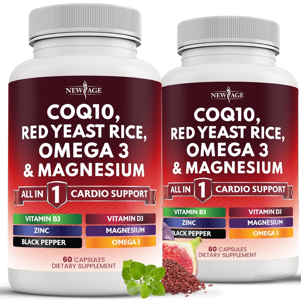 KOQ10 200mg Red Yeast Rice 3000mg Omega 3-6-9 3000mg Magnesium Kompleks 500mg Zinc Vitamin K2 D3 - Vitamin untuk Perempuan dan Pria dengan Vitamin B3, Koenzim Q10120 Count