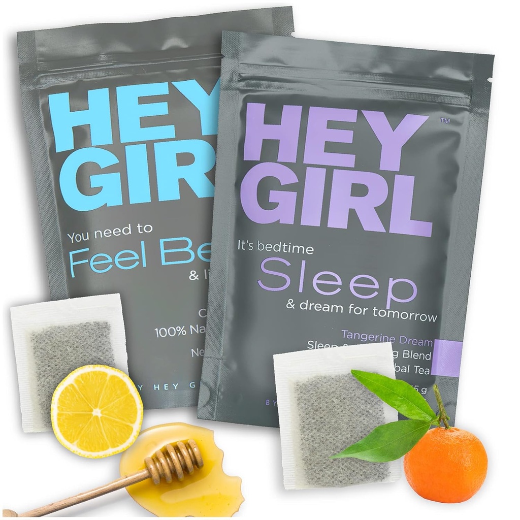 Hey Girl Sleep + Feel Better Tea Bundle - Sleep Tea w / Chamomile, Valerian Root & Lemon Bags in Tea + Feel Better Herbal Tea dengan Echinacea, Elderberry, Vitamin C
