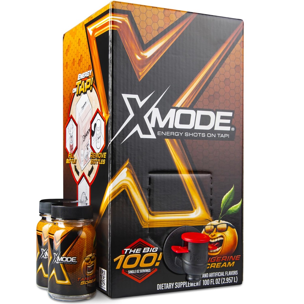 XMODE Extra Energy Shots on Tap - Tangerine Flavor, Sugar Free, 150mg Caffeine per oz, B12, 100 (1oz) Servis, Dispenser dengan 2 Botol Refilable