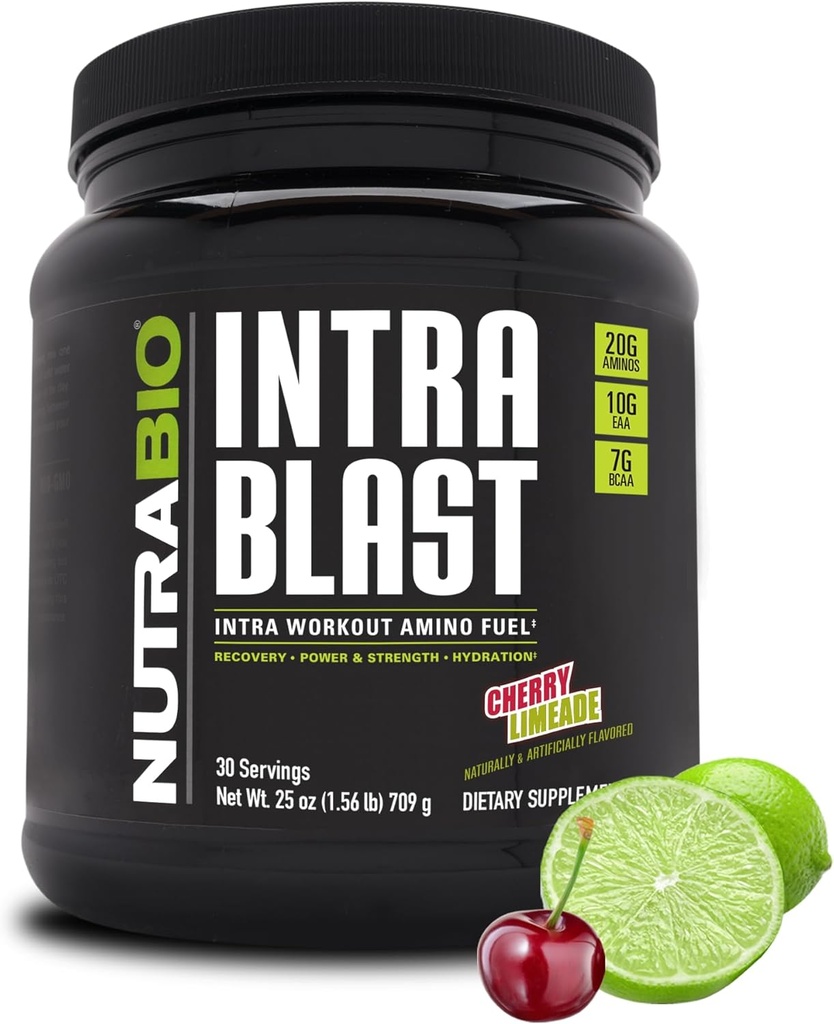 NutraBio Intra Blast Bcaa Powder Amino Acid Suplement, Electrolite & Hydration Blend, Intra, Pre Workout & Muscle Recovery, 20g Eau Amino Acids Powder, 5g Glutamine- Cherry Limeade, 30 Serving