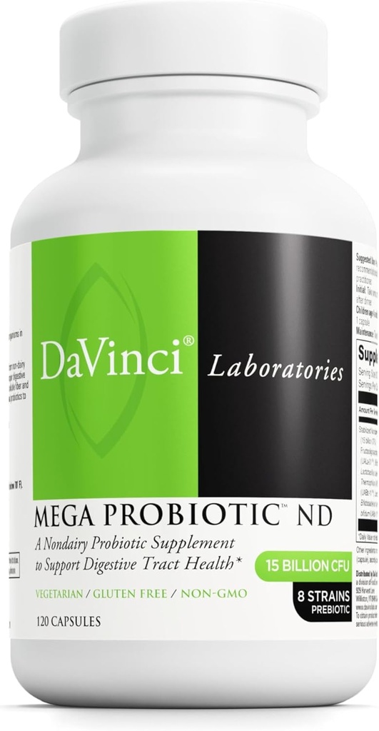 DAVINCI Labs Mega Probiotic ND - Non- Dairy Probiotic Support Gut, Digetical & Brain Health * - Gut Suplemen Kesehatan Kesehatan dengan Kompleks Tidak-Dairy * - 120 Vegetarian Caps