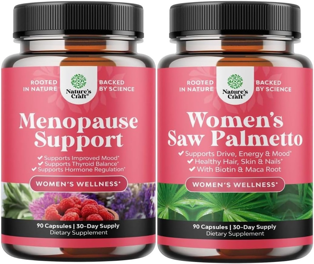 Bundle of Menopause Supplement for Hot Flashes with Dong Quai Vitex Chaste Berry & Black Cohosh & Extra Strength Saw Palmetto for Women 500mg