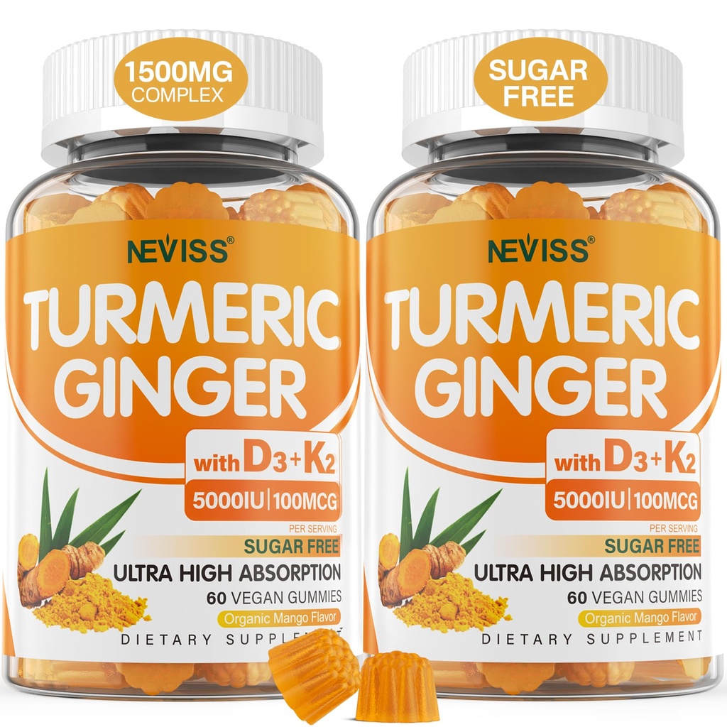 Sugar Free Turmeric Ginger Gummies dengan 5000 IU Vitamin D3 & K2 (MK7), C - Vegan Turmeric Supplement Gummies untuk Dewasa 1500mg dengan Black Pepper, Support Bone, Immune & Digetical Health - 120 Cts
