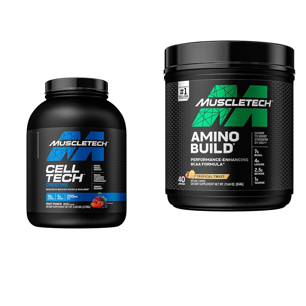 MuscleTech Creatine Monohydrate Powder - Tech Creatine Powder 124; Post Workout Recovery Drink & BCAA Amino Acids + Electrolite Powder, Amino Build, 7g of BCAAs + Electrolytes