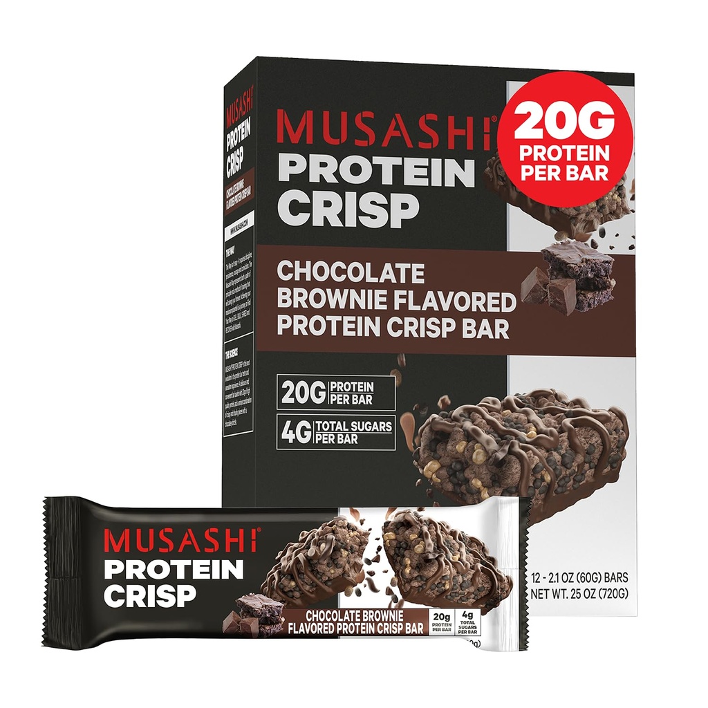MuSASHI Protein Crisp Bar, 20g Protein, 4g Total Sugars, Chocolate Brownie, Post Workout dan Snack On The Go, 12 Pack of 2.1oz (60g) Bars