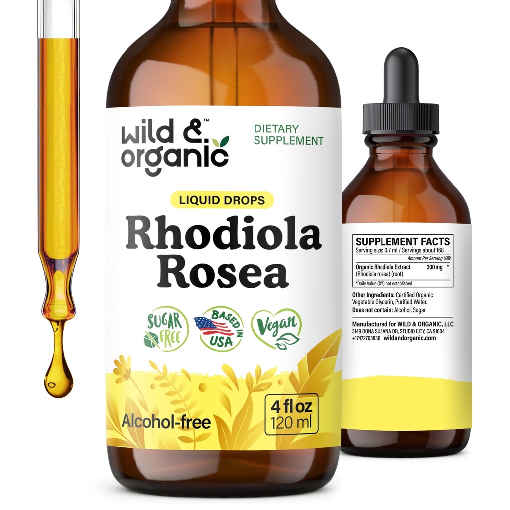 Wild & Organic Rhodiola Rosea Taincture - Rhodiola Rosea Suplemen untuk Dukungan Mood - Relaxing Root Extract Liquid Drops - Vegan, Sugar & Alcohol- Free - 4 flf oz