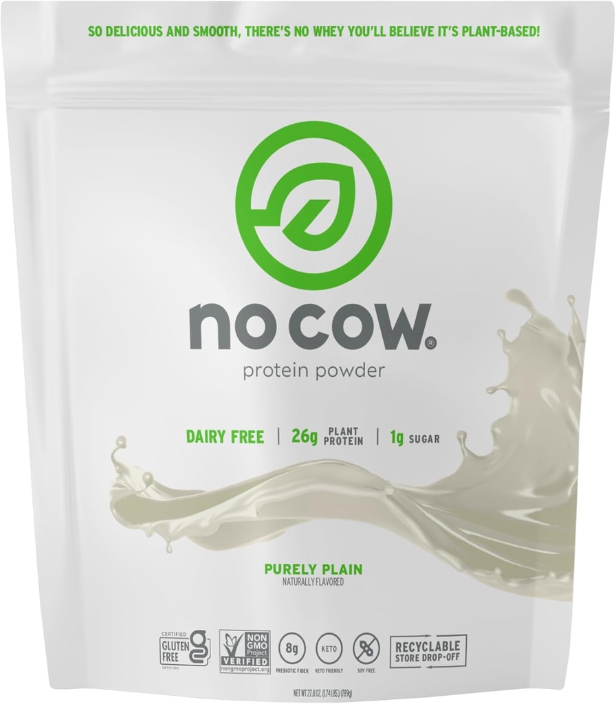 Powder Cow Vegan Protein, Plain Murni, 26g Plant Based Protein, Bag Berbahan kembali, Dairy Free, Soy Free, No Sugar Added, Keto Frided, Gluten Free, Alamly Sweetened, Non GMO, Kosher, 1.74 Pound