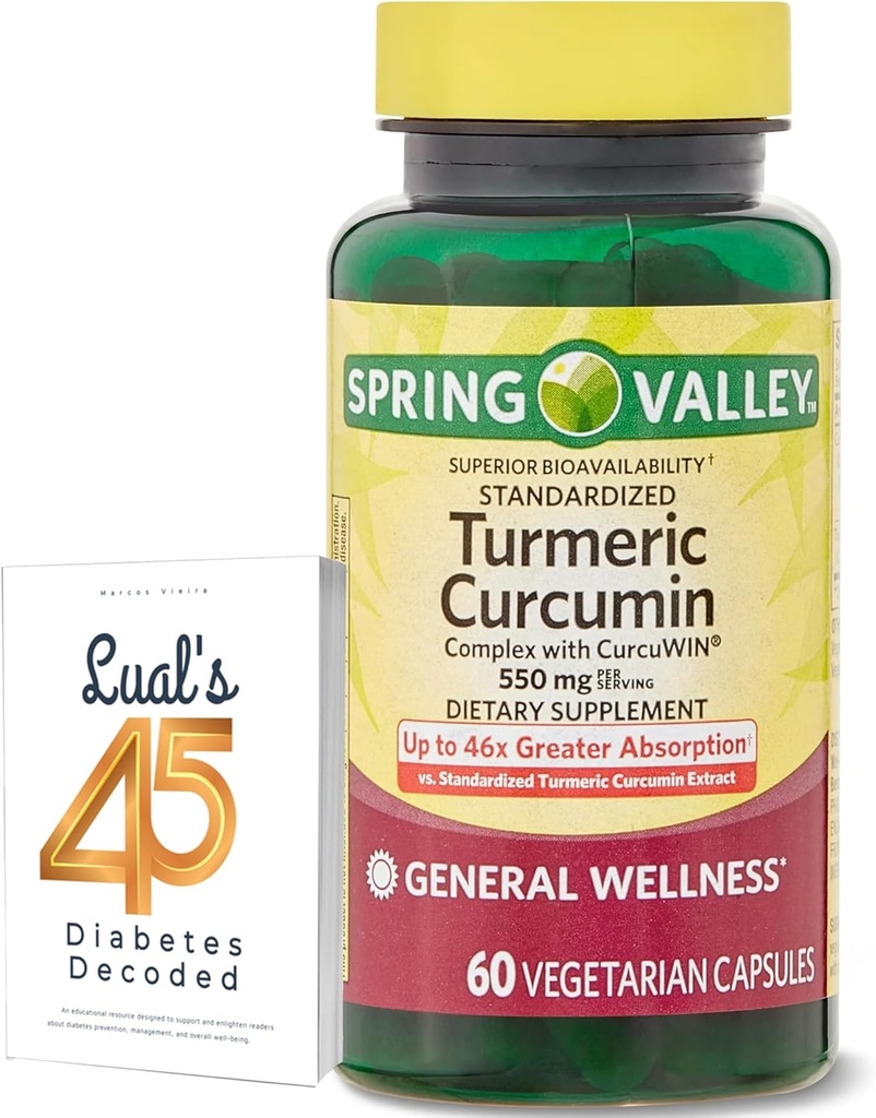 Suplemen Curcumin Lembah Musim Semi Bundle dengan 45 Diabetes Lual Decoded 2.4; Kompleks dengan CurcuWin 124; Dieter Supplemen 124; 550 mg, 60 Capsules