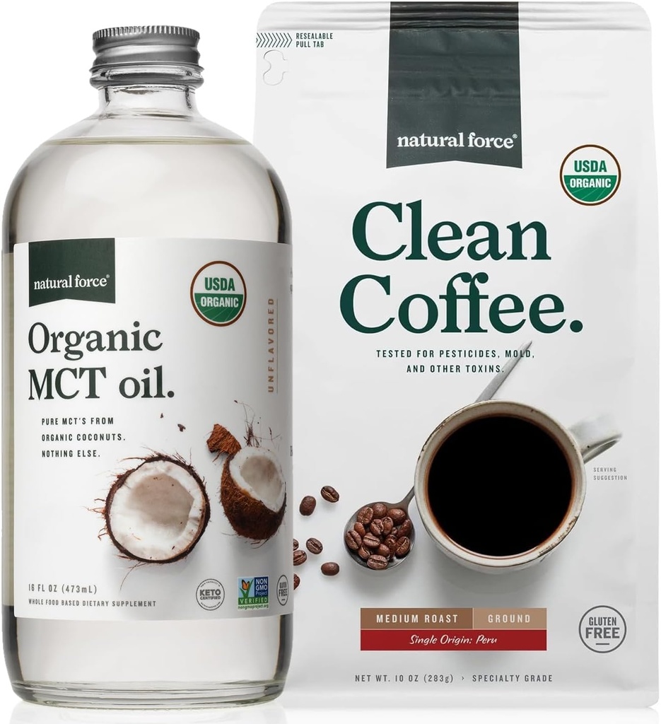 Natural Force Organic Ground Clean Coffee + Organic MCT Oil Bundle - 100% Pure Coconut MCTs & Mold & Mycotaxin Free Coffee - Non-GMO, Keto, Paleo, and Vegan - 10 Oz Bags and 16 Oz Glass Bottle
