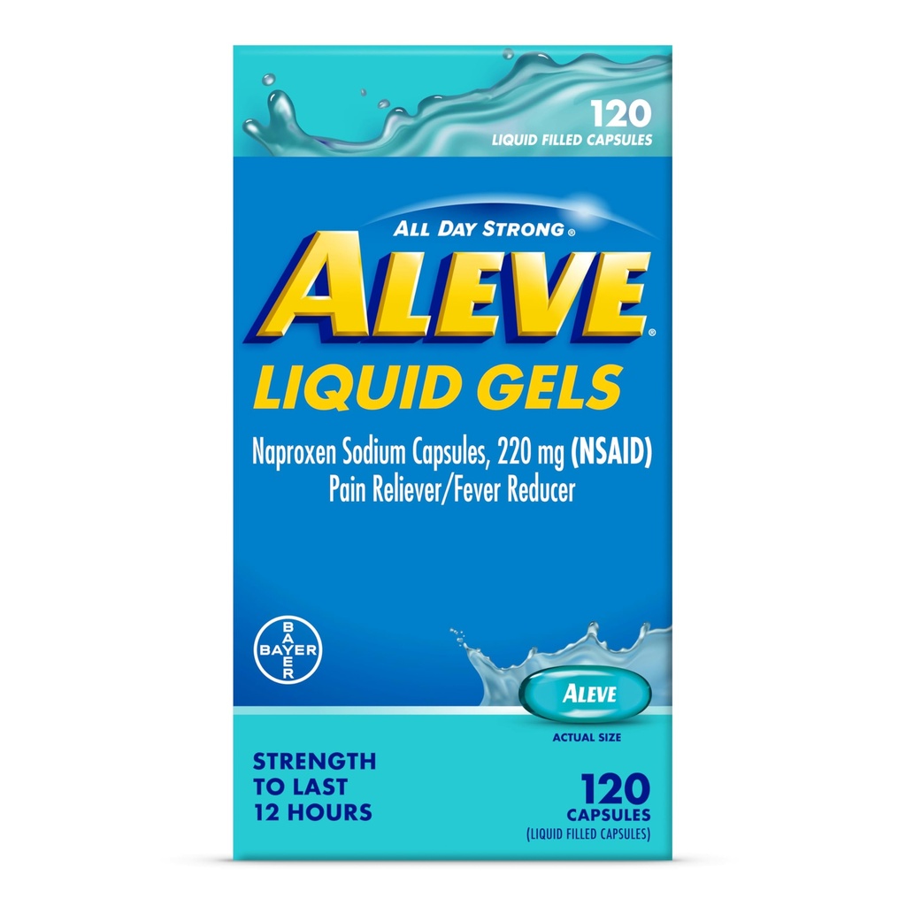 Aleve Liquid Capsules, Naproxen Sodium Capsules 220 mg (NSAID), Reliever / Fever Reducer, Fast Pain Relief, 120 Count