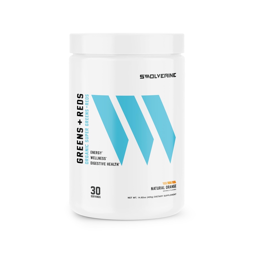 Swolverine Greens & Reds 124; Super Greens dan Reds Powder dengan Spirulina, Chlorella, Wheat Grass, Peeparate, Beet Root, Turmeric, Natural Orange Flavor (30 Pelayan)