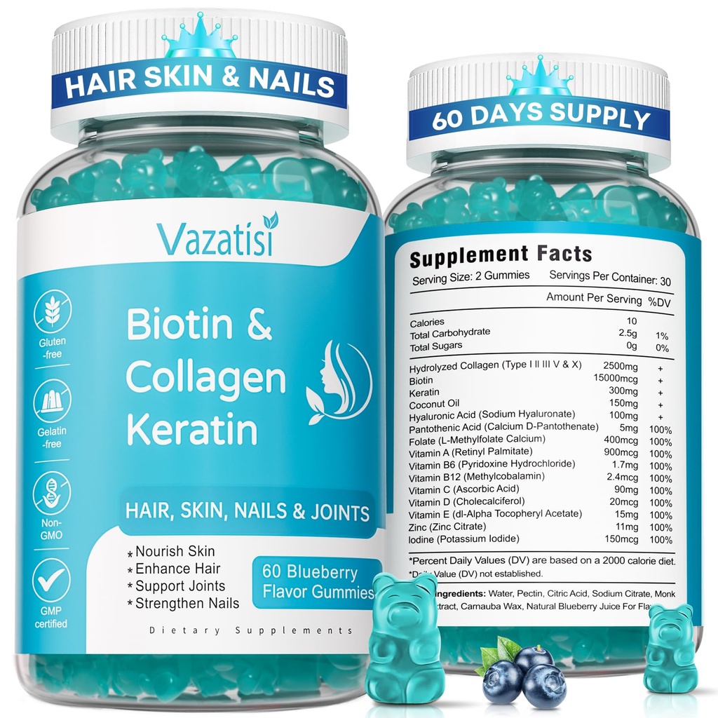 2 Pack Biotin Gumi dengan Collagen & Keratin untuk Rambut Skin Nails- Pria Perempuan, Anak-anak - 120 Blueberry Gummi Flavored