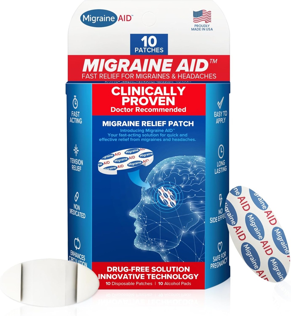 Migraine AID Migraine Relief Patch - Fast Acting, Non Obat Dukungan untuk Ketegangan Kepala, Mudah untuk Terapkan PT Headache, Aman untuk Penggunaan Setiap hari, 10 Patch Migraine Disposable, Dibuat di USA