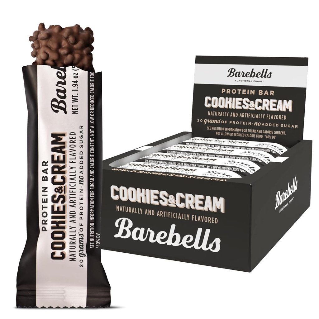 Barebells Protein Bars Cookies & Cream - 12 Count, 20g High Protein Treat - Chocolate Nutrection Bar dengan 1g Total Sugars - On- TheGo Breakfast or Posttout Snack