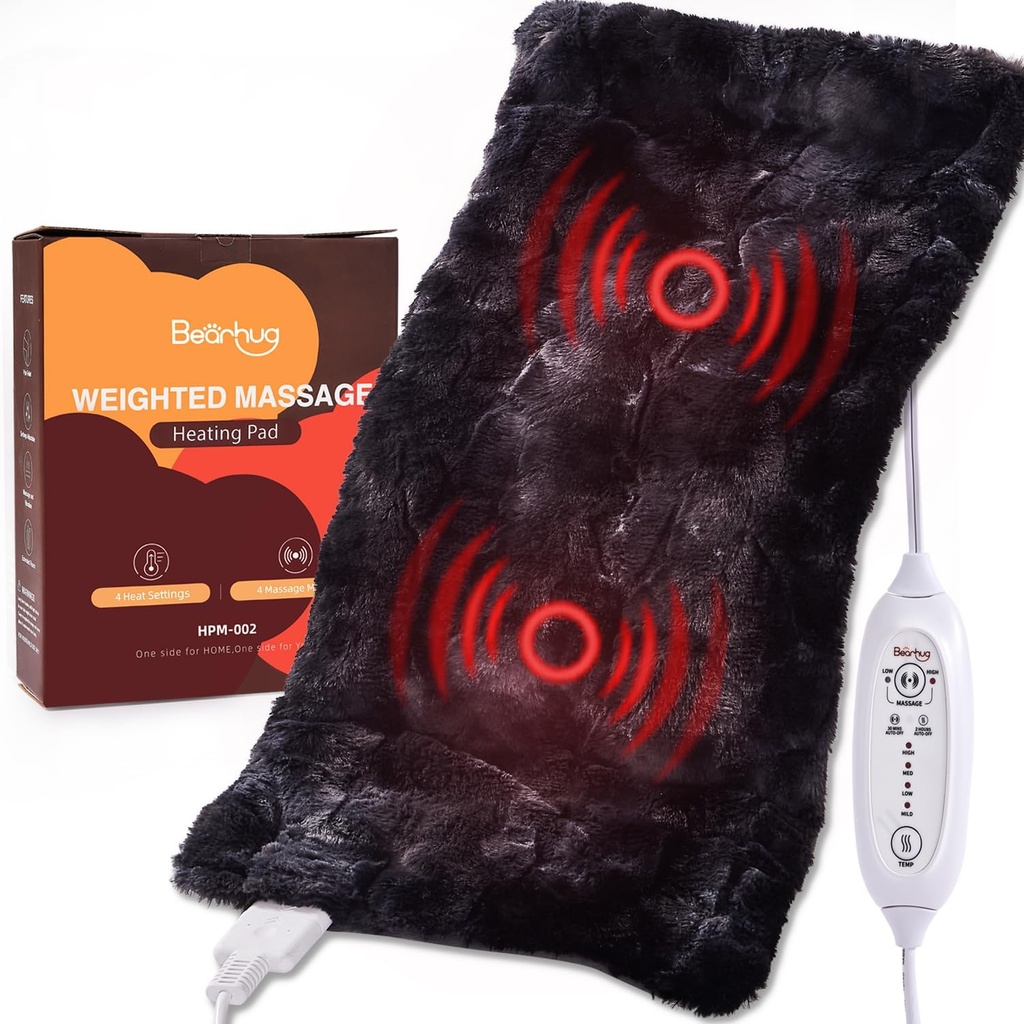Bearhug Electric Massaging Heating Pad, 12 "× 24" Weighted Heating Pad, 4 Massage Modes and Heat Levels