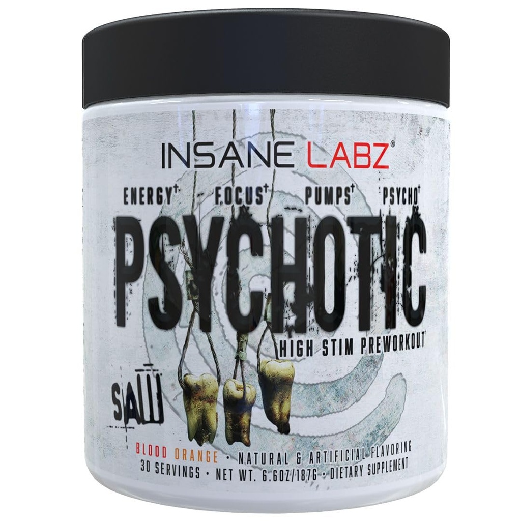 Labz Psychotic Saw, Powder Pre Stim Stik dengan OxyGold dan AMPlSE, Extreme Lasting Energy dengan Teacrine ®, Fokus dengan CognitIQ ® dan Endurance (30 Servings, Blood Orange)