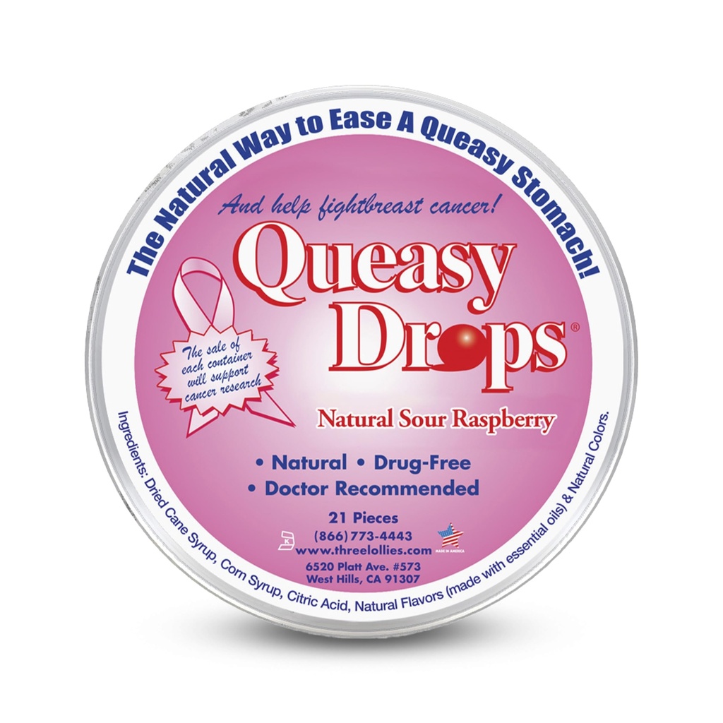 Three Lollies Queasy Drops - Sour Raspberry Flavor - Travel Sickness & Nausea Relief, Soothes Stomach & Dry Mouth, Natural Ingreations - 21 ct