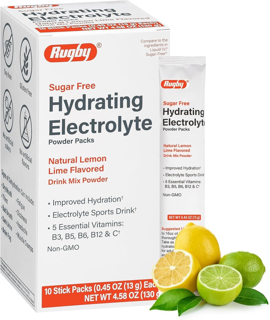 Rugby Sugar- Free Hydrating Electrolyte Powder Packs - Minum Paket Mix dengan 5 Vitamin - Imported Hidration - Natural Lemon- Lime Flavor - 10 Stick Packs - 0.45 Oz Setiap Pack)