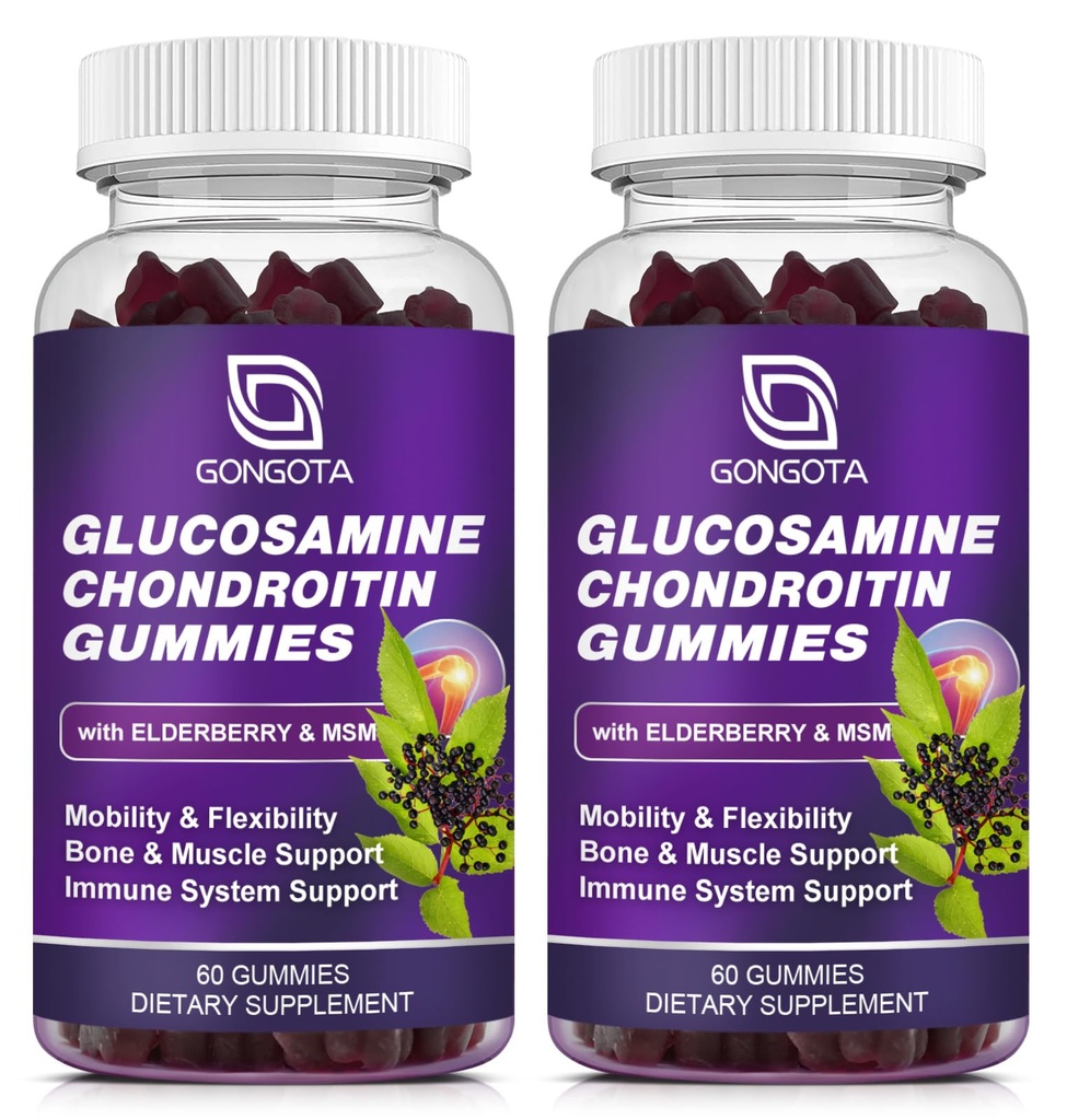 Glucosamine Chondroitin Gummies - 2 - Pack, Ekstra Kekuatan 1500mg Glukoshamine dengan MSM & Elderberry, Dukungan Fleksibilitas, Kartilage & Ammune Dukungan Supplemen untuk Pria dan Perempuan - 120 jumlah