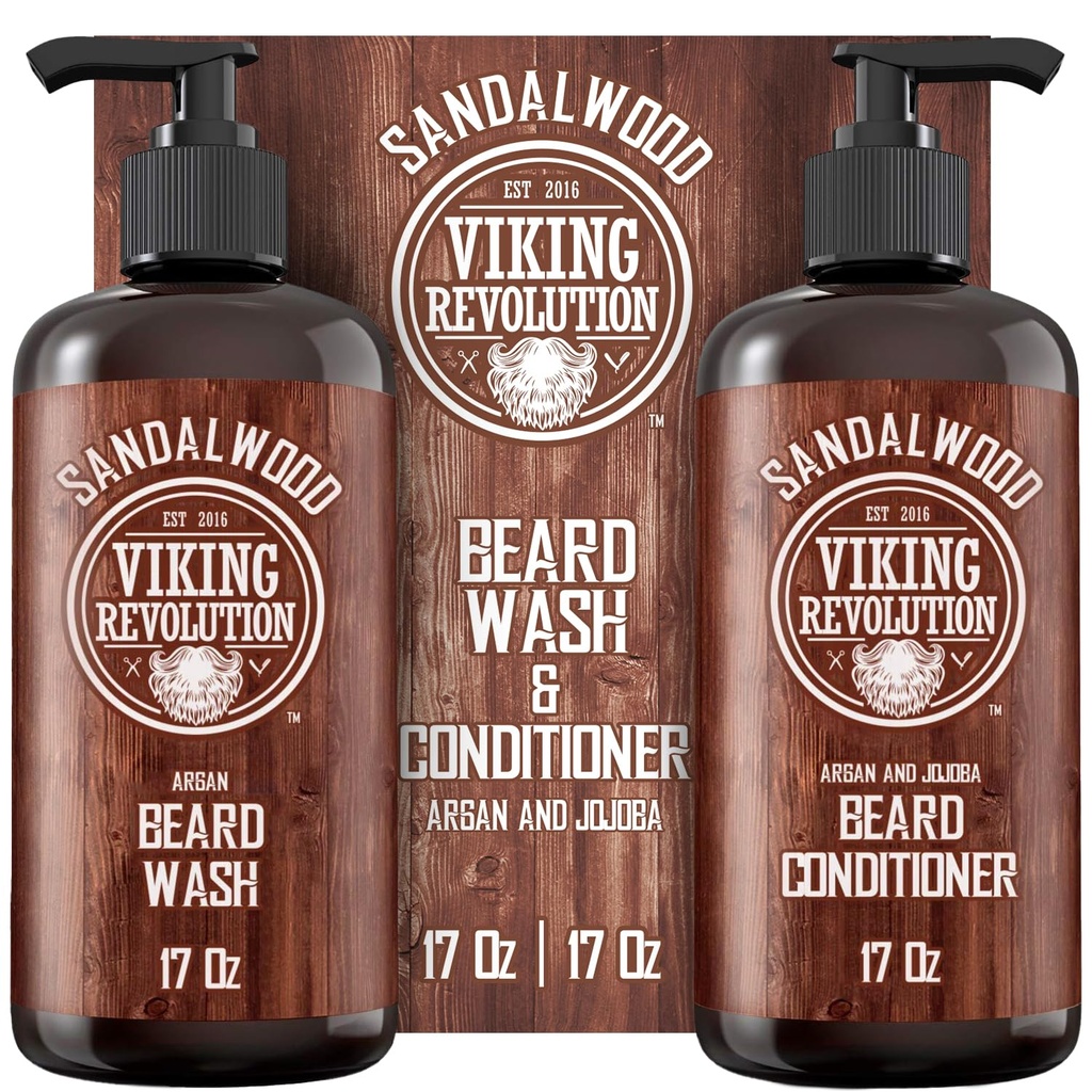 Viking Revolution Beard Wash & Beard Conditioner Set with Argan & Jojoba Oil - Softens and Strengthens - Natural Santalwood Scent - Beard Shamperd Shaoil with Beard Oil (17 oz)