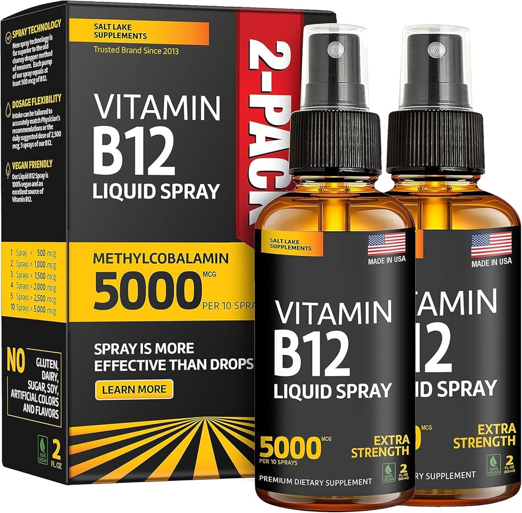 (2 Paket) - Liquid B12 Bpray 5000 mcg - Vitamin B12 Sublingual - Vegan B12 Spray - Methylcobalamin Vitamin B12 Liquid Boosts Energy & Mood - Gluten- Free & Non-GMO