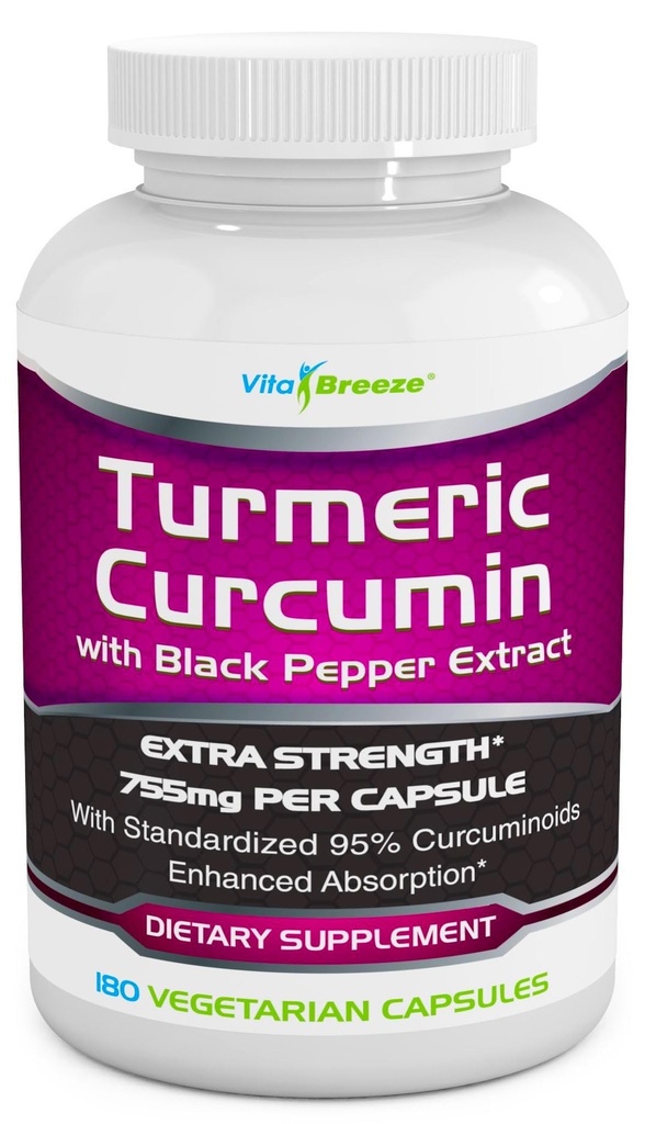 Turmeric Curcumin Complex dengan Black Pepper Extract - 755mg per Capsule, 180 Veg. Caps - Berisi Piperine (untuk Absorpsi Superior dan Bio-Avability) dan 95% Standardisasi Curcuminoid