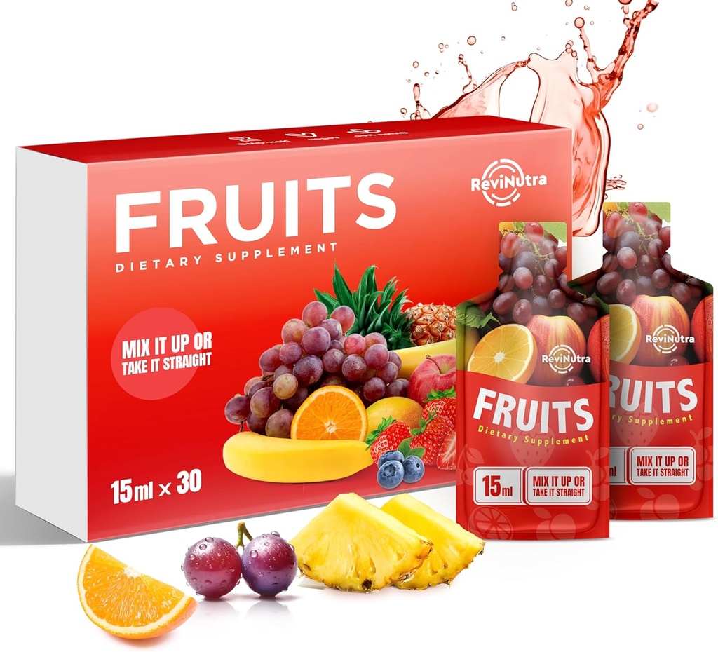 Super Fruit Liquid Juice - 30 Pouches Superfood Fruits Suplement for Women, Men and Kids - Dukung Energi, Kebal, Gangguan & Metabolisme - Vegan, 30 Hari Suppply