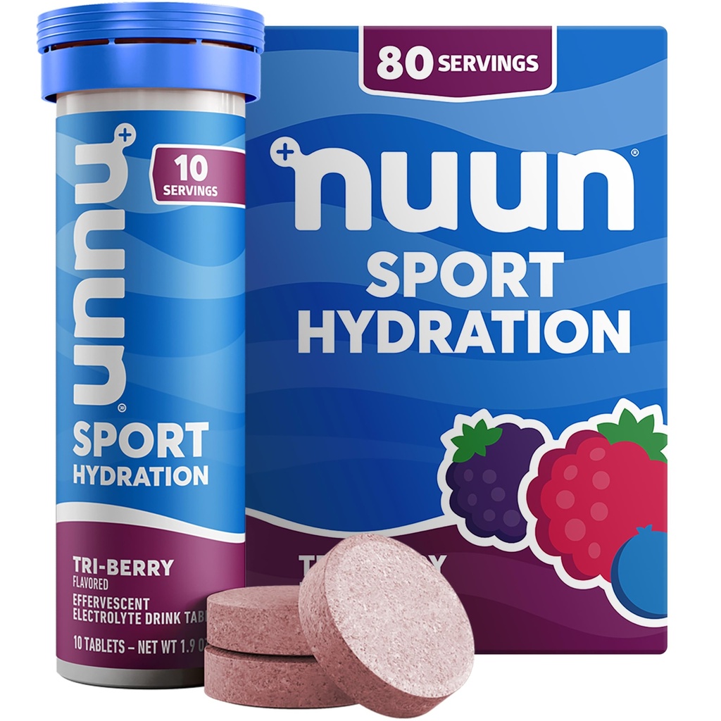 Nuun Sport Electrolite Tablet dengan Magnesium, Kalsium, Potasium, Chloride & Sodium, Gluten Free & Vegan, Tri- Berry, 8 Pack (80 Servis Total)
