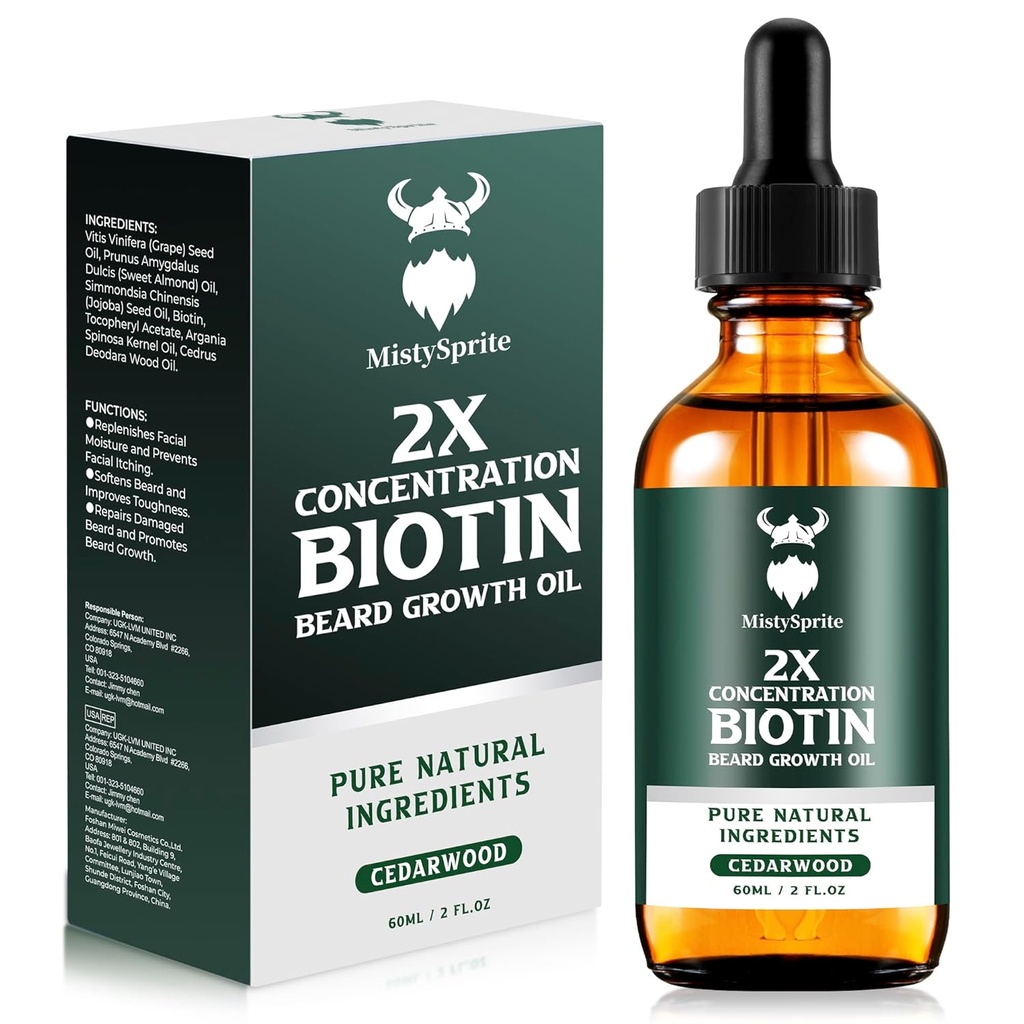 Minyak Bungkuk Tumbuh - 2X Konsentrasi Biotin Minyak untuk Pria (2 oz) - Mans Natural Beard Oil dengan Argan Oil, Jojba Oil dan Vitamin, Beard Growth Softener, Moisturizer (Cedarwood)
