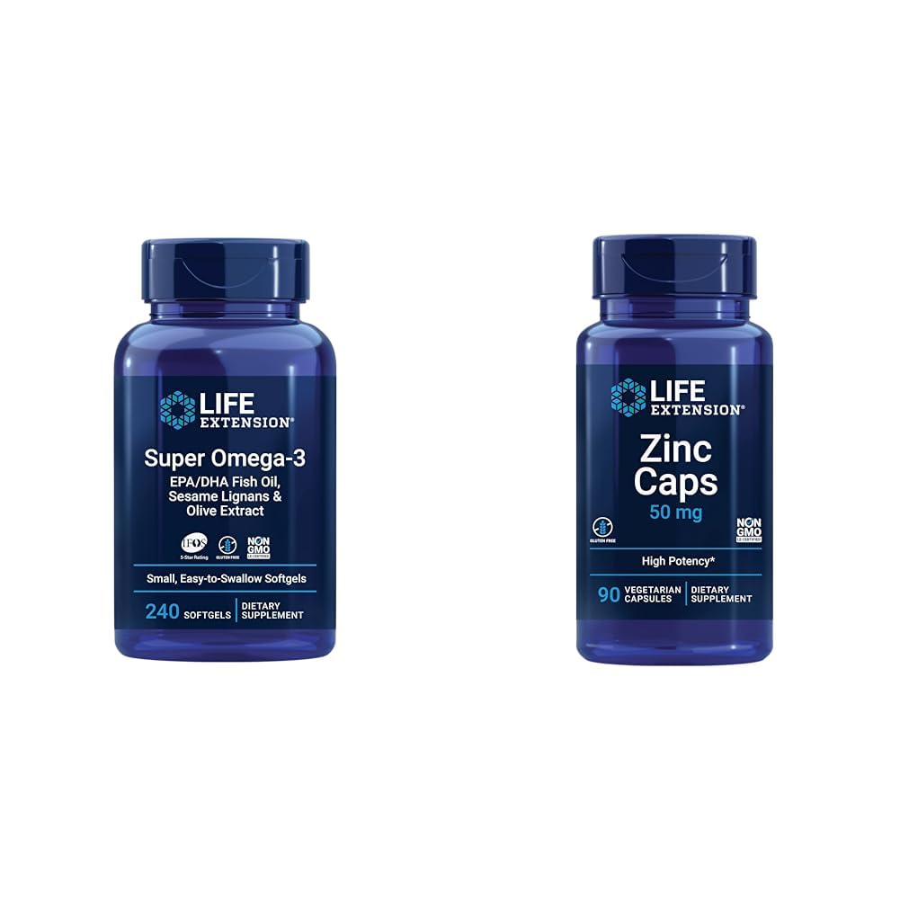 Extension Super Omega-3 EPA / DHA Fish Oil, Sesame Lignans & Olive Extract - Omega 3 Suplemen & Zinc Caps, zinc 50 mg, Zinc Citrate, Dukung pertahanan kekebalan tubuh