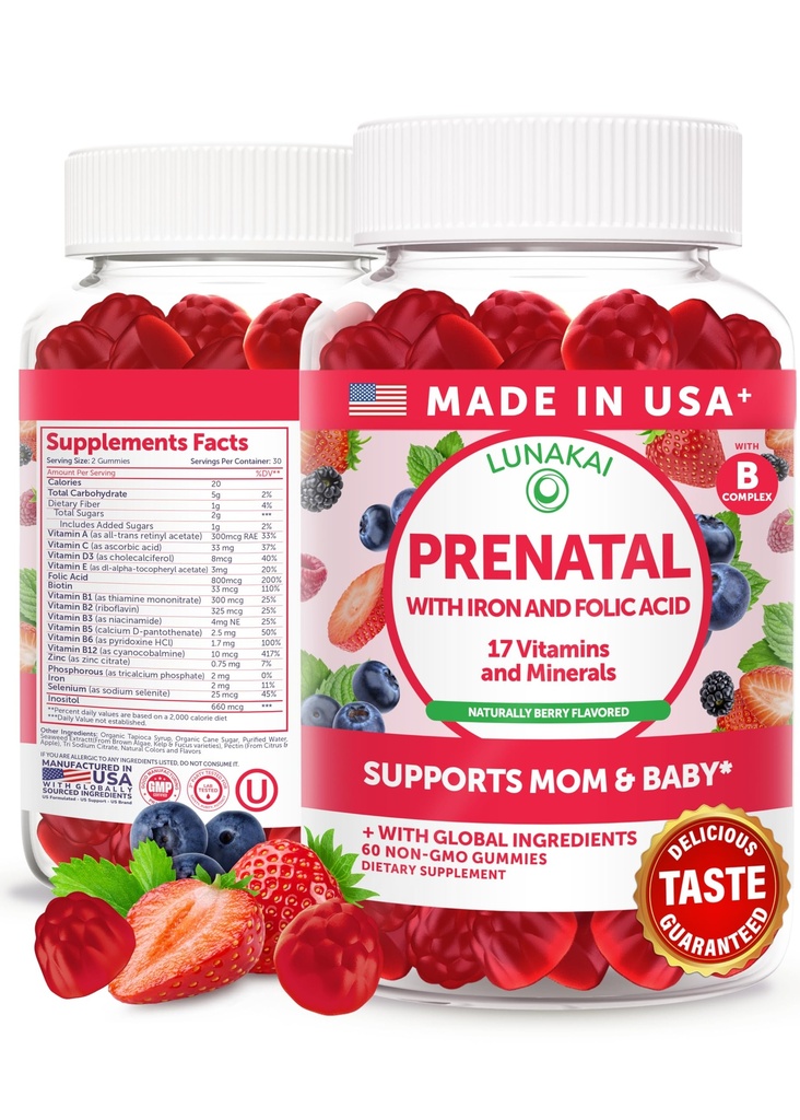 Lunakai USA Made Prenatal Vitamin with Iron & Folic Acid - Delicious Pregnancy Multivitamin Gummies for Women, 60 Count