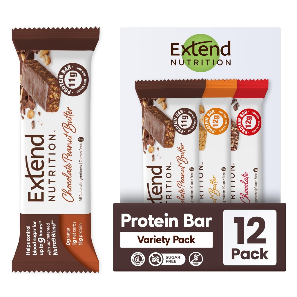 Panjangkan Sugar Free Protein Bars, Kandang Diabetik Sempurna, Protein Tinggi dan Serat, Pengendalian Kelaparan & Stabil Energi, Karb Rendah, Keto Friendly (12 Count, Variety Pack)
