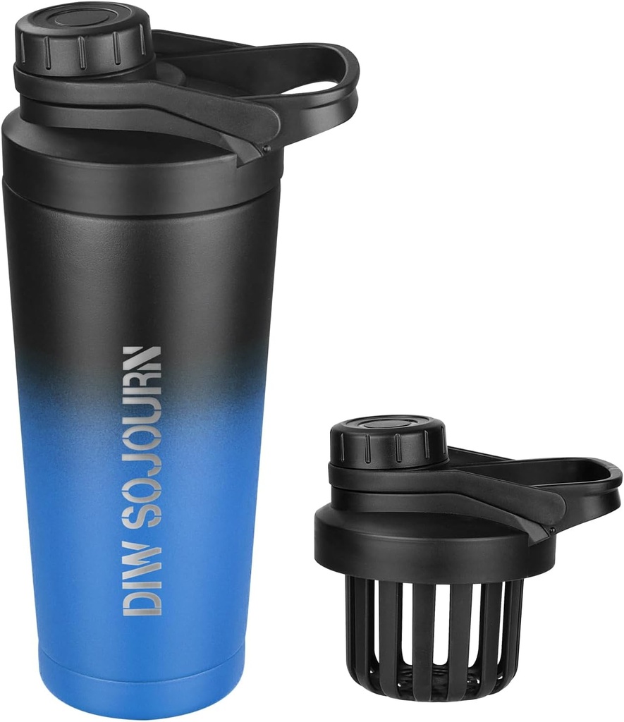 DiW 24 oz Shaker Bottle, Stainless Steel Mix Bottle dengan Noise- Free Design, Insulated Metal Shaker Cup untuk Protein Mix and Pre Workout, Gym Cup Shaker (Black & Blue)