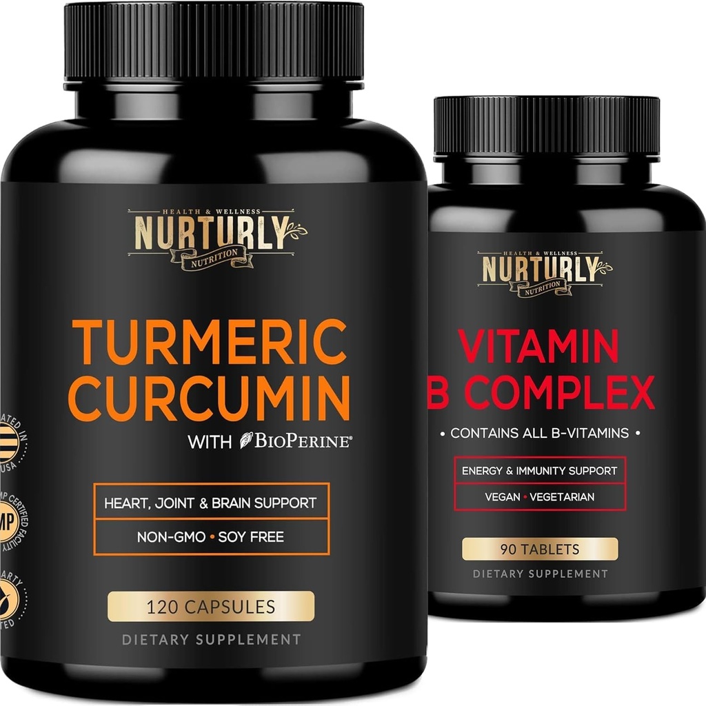 Vitamin B Kompleks dan Turmeric Curcumin - Berisi semua Estimac B Vitamin - B1, B2, B3, B5, B6, B9, B12 dan Biotin - Pendukung Absorpsi Tinggi Turmeric 1300mg untuk Gabungan, Kesehatan Hworld
