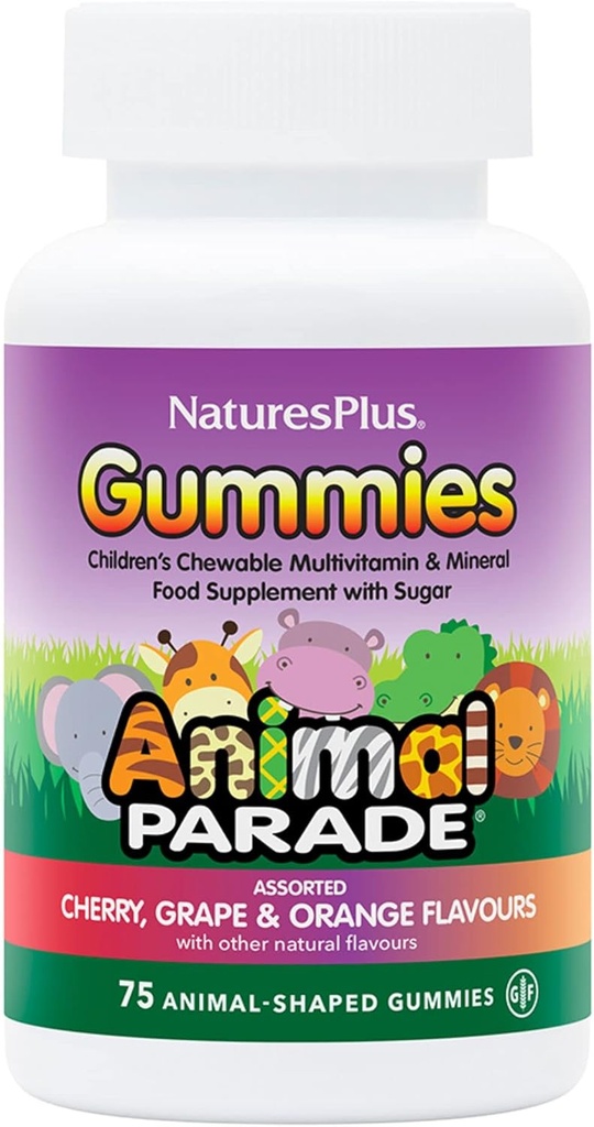 NaturesPlus Animal Parade Sumber Kehidupan Gummies - Natural Orange, Grape dan Cherry Flavors - 75 Tipe Gummies - Whole Food Kid Multivitamin - Gluten- Free - 37 Servings