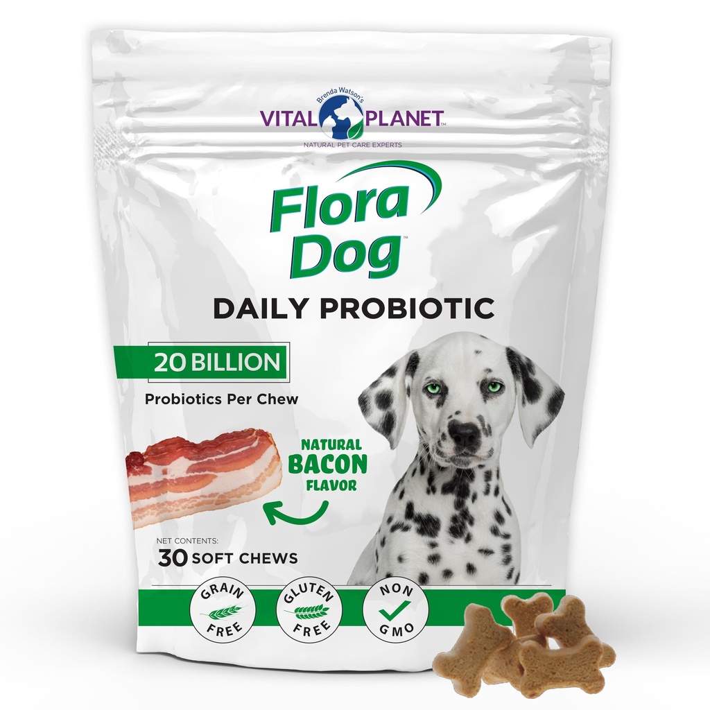 Planet Vital - Flora Dog Propoles, Dog Chews Suplemen dengan 20 Milyar Cultures dan 11 Strains, Imune dan Digetical Dukungan Programtes Chewable untuk Anjing, 30 Natural Bacon Flavored Soft Chews