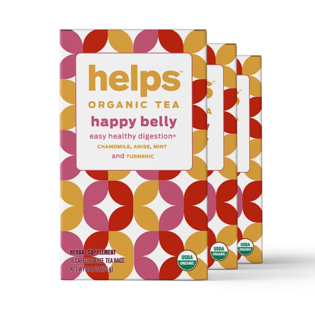 HELPS TEAS TEAS 124; Membantu Happy Belly Tea 124; Teh Herbal Organik Dengan Teh Hijau Anise, Chamomile, Mint dan Turmeric 124; 16 Tea Bags - Paket 3 Afsel 124;