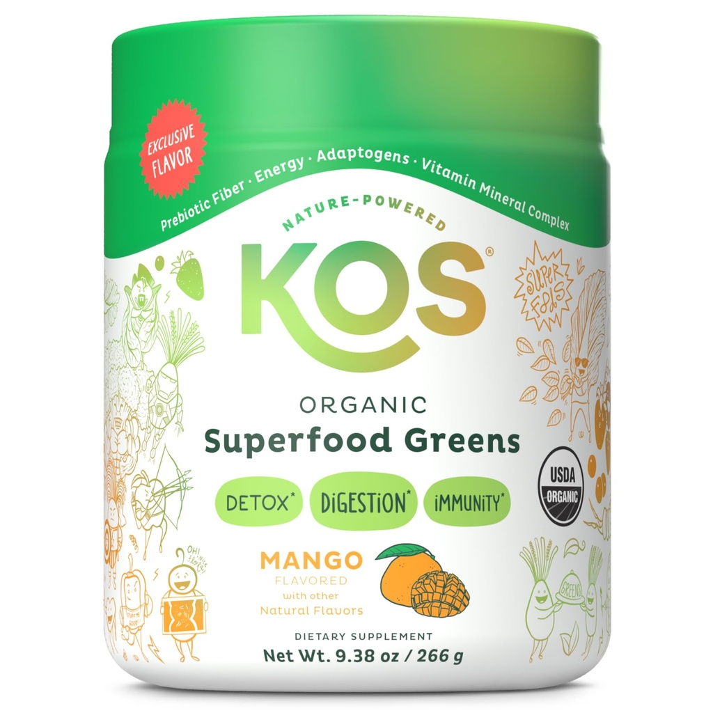 KOS Organik Superfood Greader Powder - Gut Health from Prebiotic Fiber, Supergreens and Adaptogens - USDA Certified Organik, Made in GMP Sertifikasi Fasilitas - 28 Sertifikasi Mango