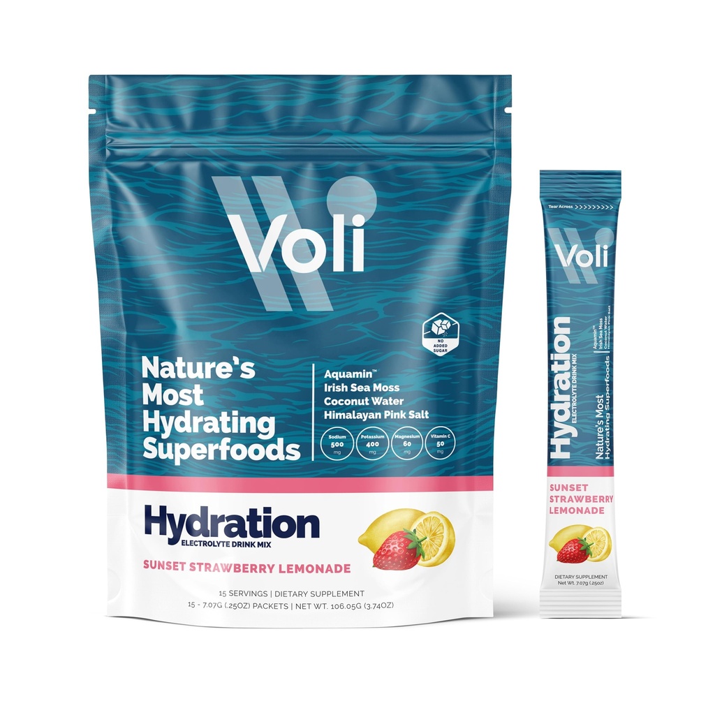 Voli Electrolytes Powder Pawder 124; No Added Sugar Electrolite Drink Mix for Hydration; Keto & FASting Friendly, Natural SuperFoods & Minemary 124; Strawberry Lemonade, 15- Count