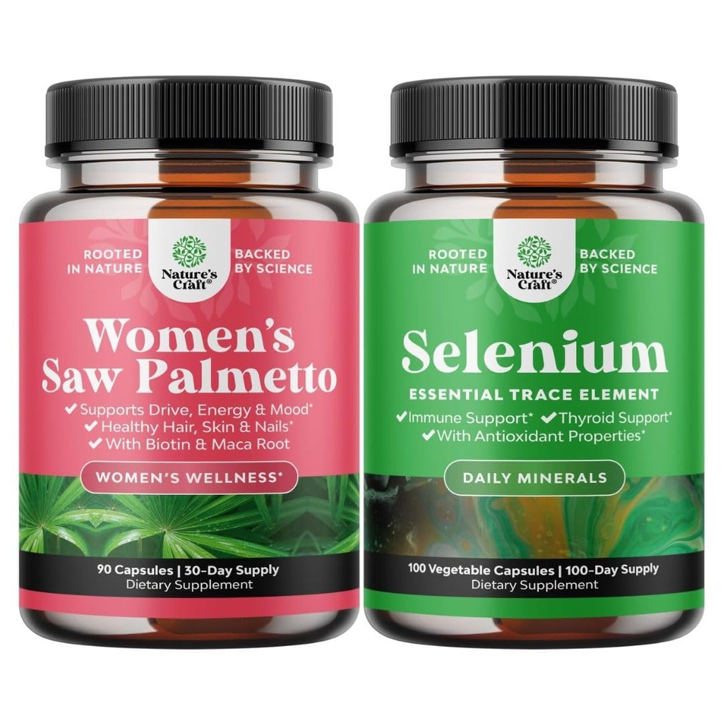 Bundle of Extra Strength Saw Palmetto for Women and Pure Selenium Thyroid Supplement - DHT Blocker Thickening Hair Vitamin for Hair Loss - Antioksidant Suplemen dan Natural Immune Booster