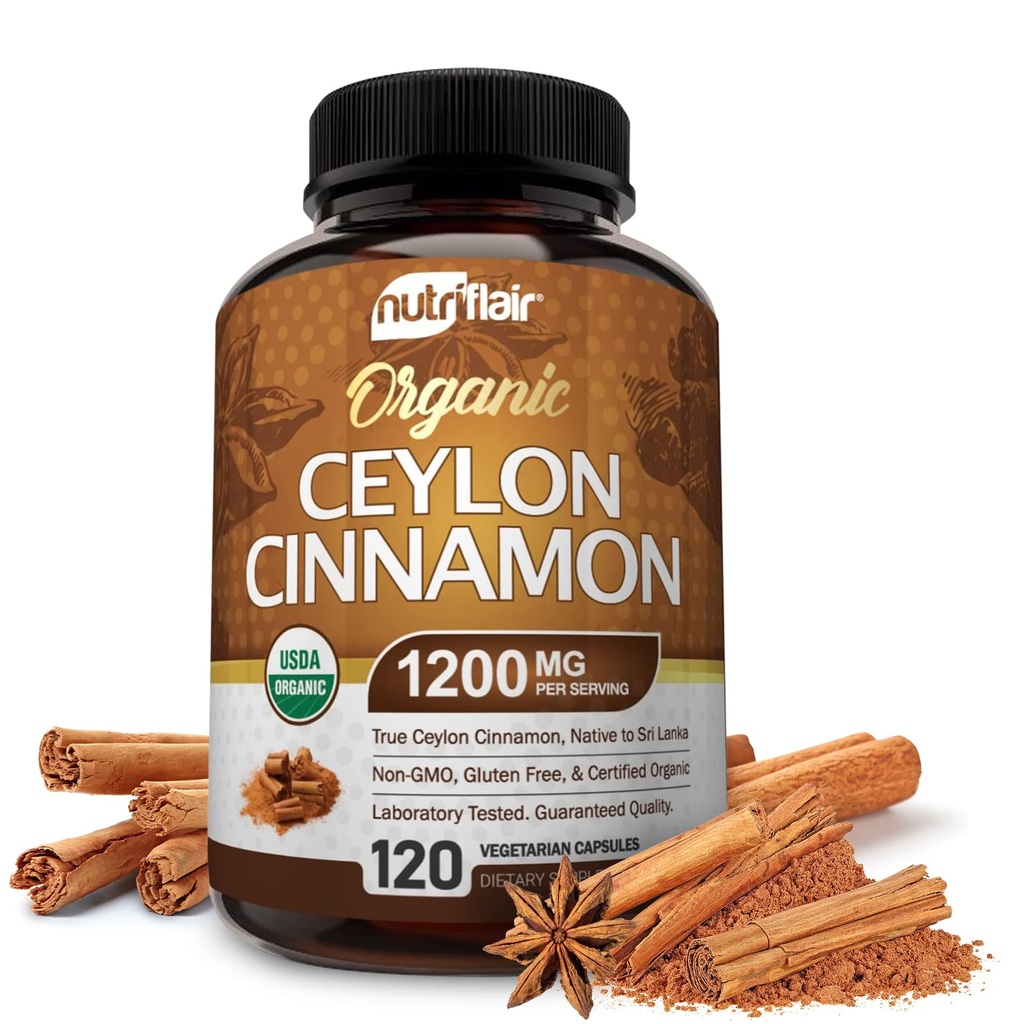 NutriFlair Organic Ceylon Tambahan 1200mg, 120 Capsules - USDA Disahkan - Non-GMO, Gluten Free Powder, Pil Antioksidant