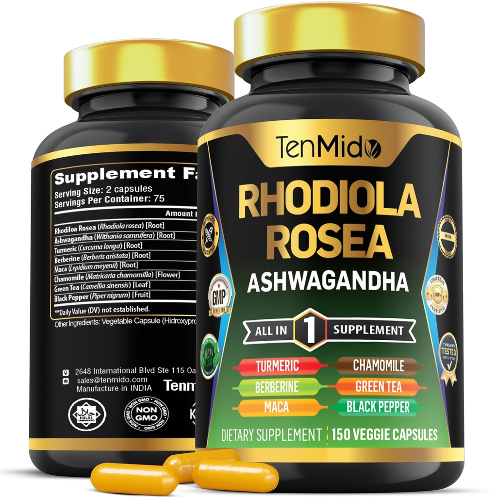 Rhodiola Rosea Suplemen - 8in1 Formula - Combine dengan Ashwagandha, Turmeriic, Berberine, Maca, Chamomile, Green Tea, dan Black Pepper - Nutrient Rich - 150 Vegan Capsules